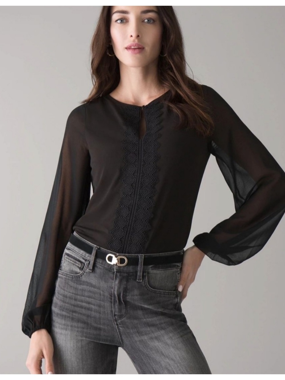 WHBM Lace Crepe Long Sheer Sleeve Market Blouse Women’s SZ L in Black